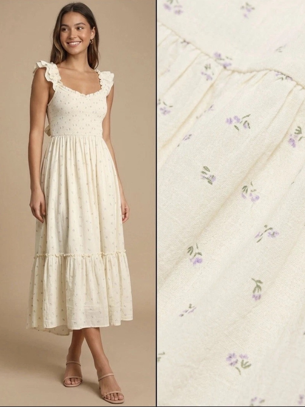 AE Smocked Floral Midi Dress in Cream L Tall